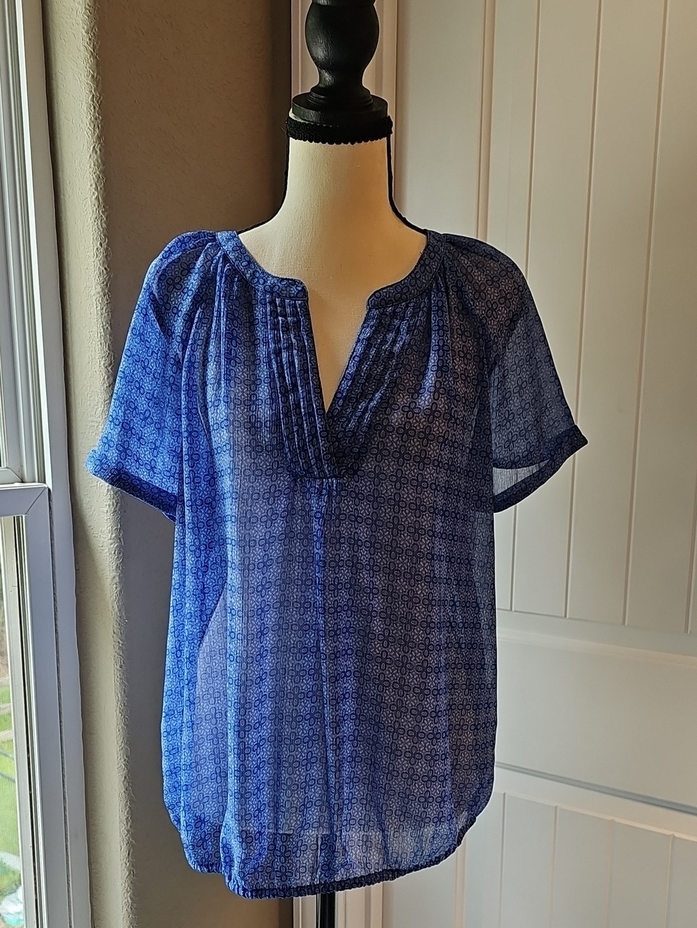 St. John's Bay Royal Blue Printed Short-Sleeve Peasant Top